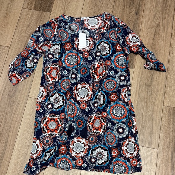 Hotouch NWT L blue orange white Bohemian Floral Print Tassel tie Dress - Picture 9 of 9